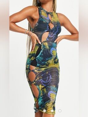 Jaded London keyhole mesh dress in abstract burn print Sz M